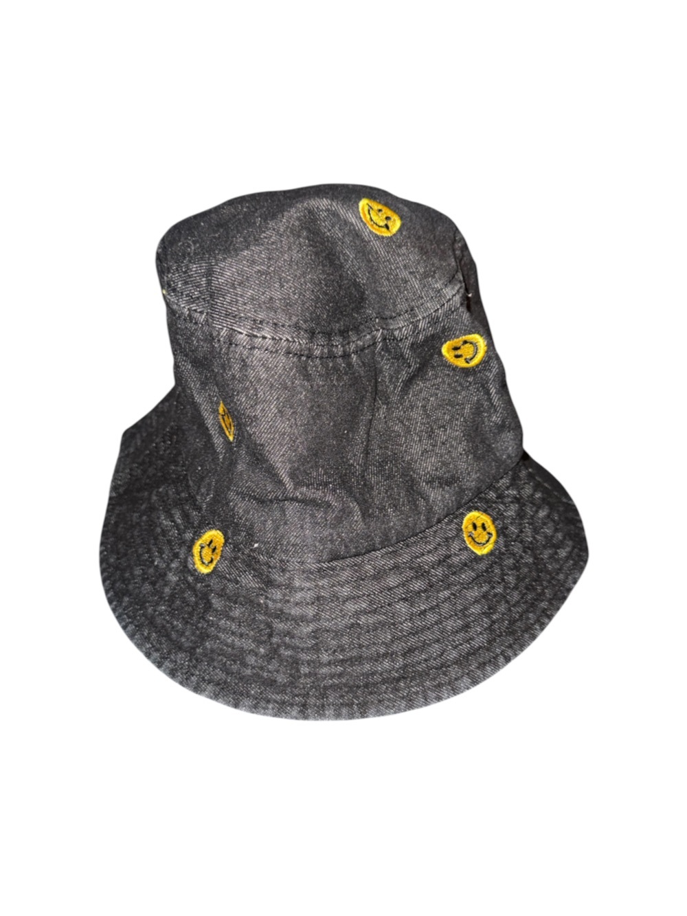 Black Denim Bucket Hat with Yellow Smiley Embroidery